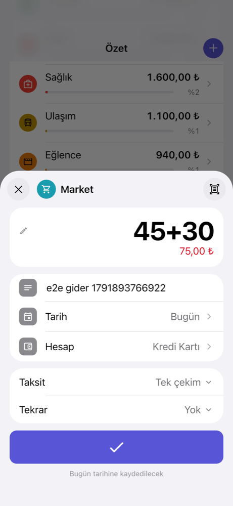 Kayıt sayfası: Market kategorisi, 75 lira, kredi kartı